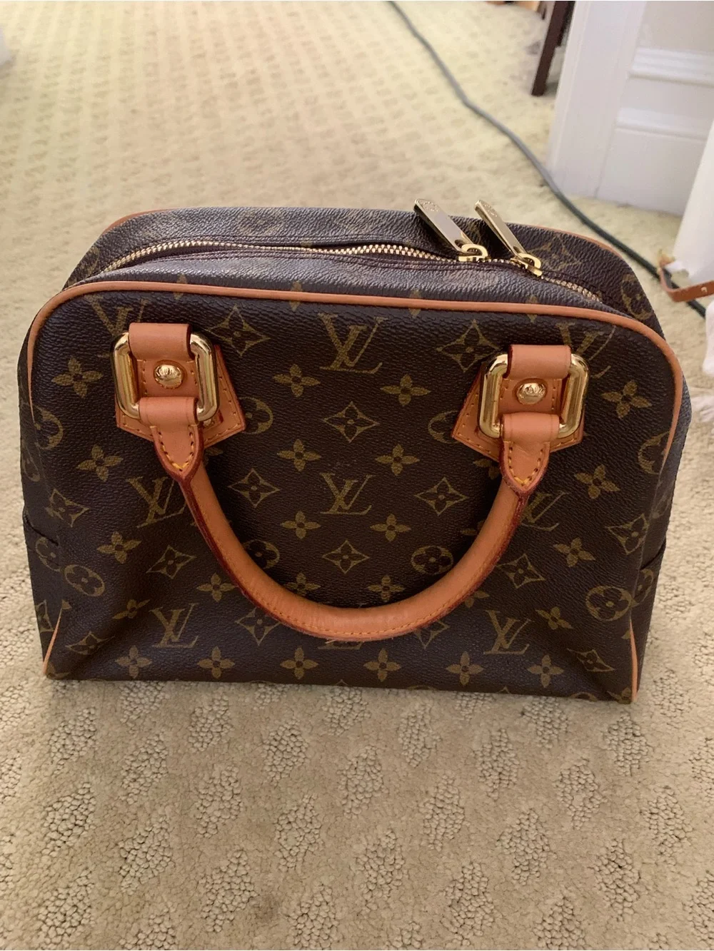 Louis Vuitton Monogram Canvas Dual Front Pocket Satchel with Tan Trim